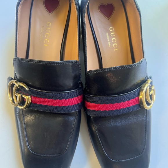 Gucci Black Leather Peyton Pearl Loafer Heel GG Marmont - Picture 11 of 13